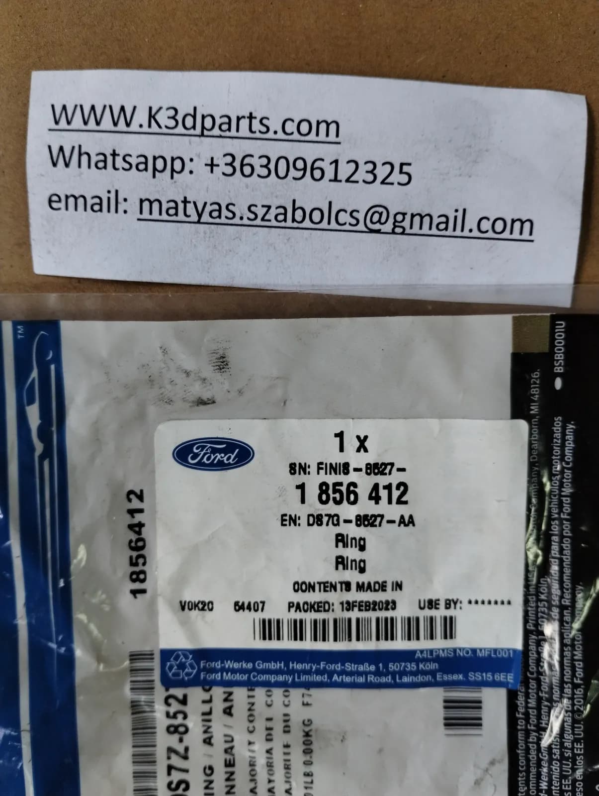 Genuine Ford "O" Ring. Part number 1856412, D87G 8527 AA.